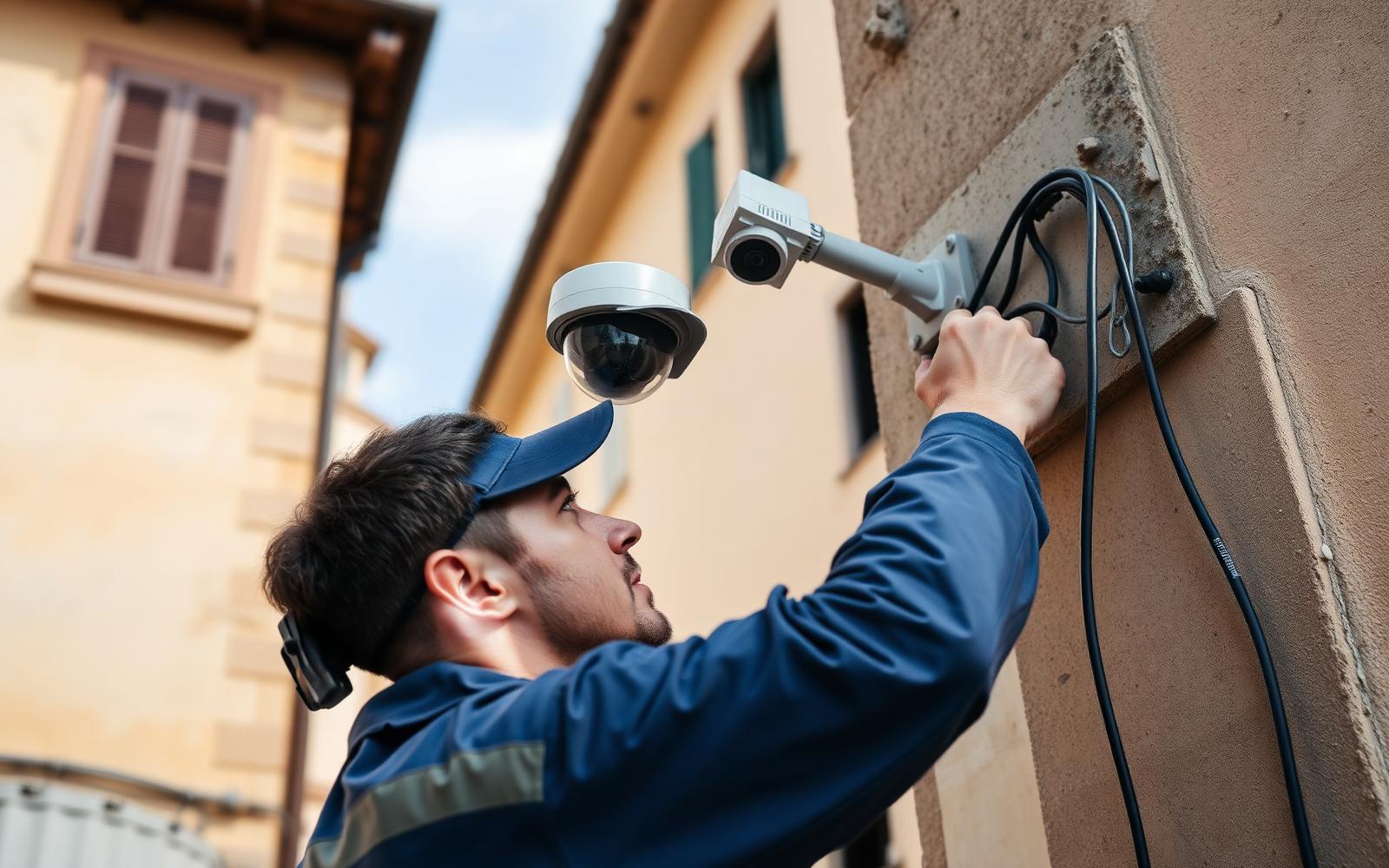 Tecnico installa una telecamera di videosorveglianza esterna su un edificio a Trapani