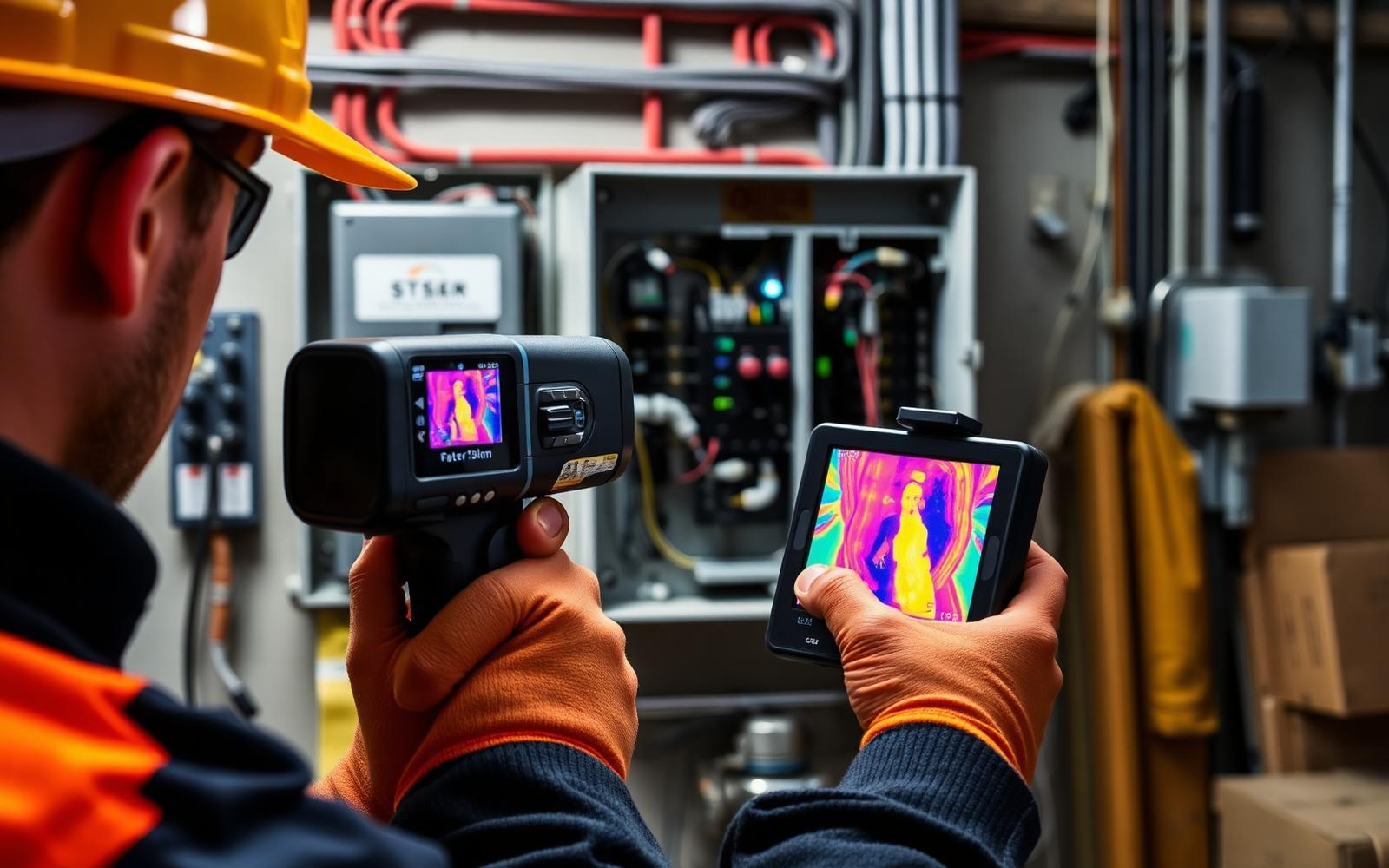 Tecnico che esegue la ricerca guasti elettrici con termocamera