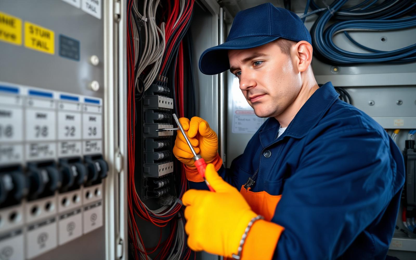 Elettricista al lavoro su un quadro elettrico con interruttori differenziali